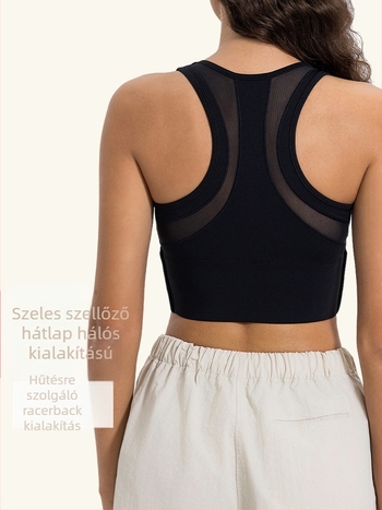 Előre cipzáros sportmelltartó, teljes kosaras kialakítás, vékony formázott kosár, rögzített dupla pántok, betét dizájn, fő anyag: nylon-blend 80% nylon, bélés 20% spandex