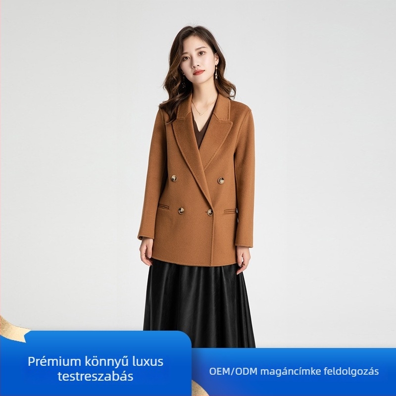 Női tweed gyapjú kabát - slim fit, kerek nyakú gallér, hosszú ujjú, egyszínű minta, 100% gyapjú