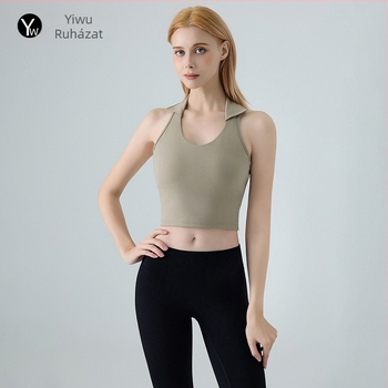 Női sport topp a jóga számára melltartóbetéttel, fényes nylon/spandex anyag 78%/22%, 3/4-es kosár közepes formázással, rögzített halter pántok, bélés 78% nylon/22% spandex