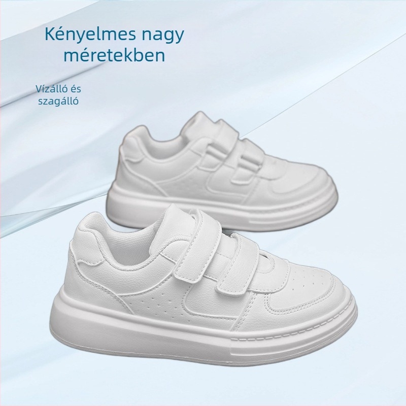 Fehér gyerekcipő bőr felsőrésszel, uniszex, alacsony szárú, Velcro-zárás, lélegző, csúszásmentes talp
