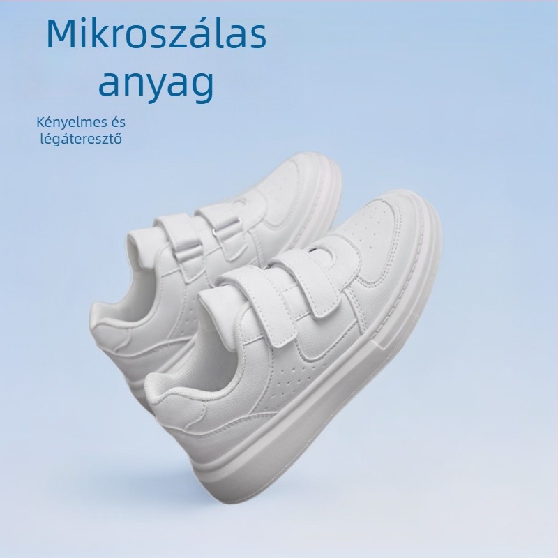 Fehér gyerekcipő bőr felsőrésszel, uniszex, alacsony szárú, Velcro-zárás, lélegző, csúszásmentes talp