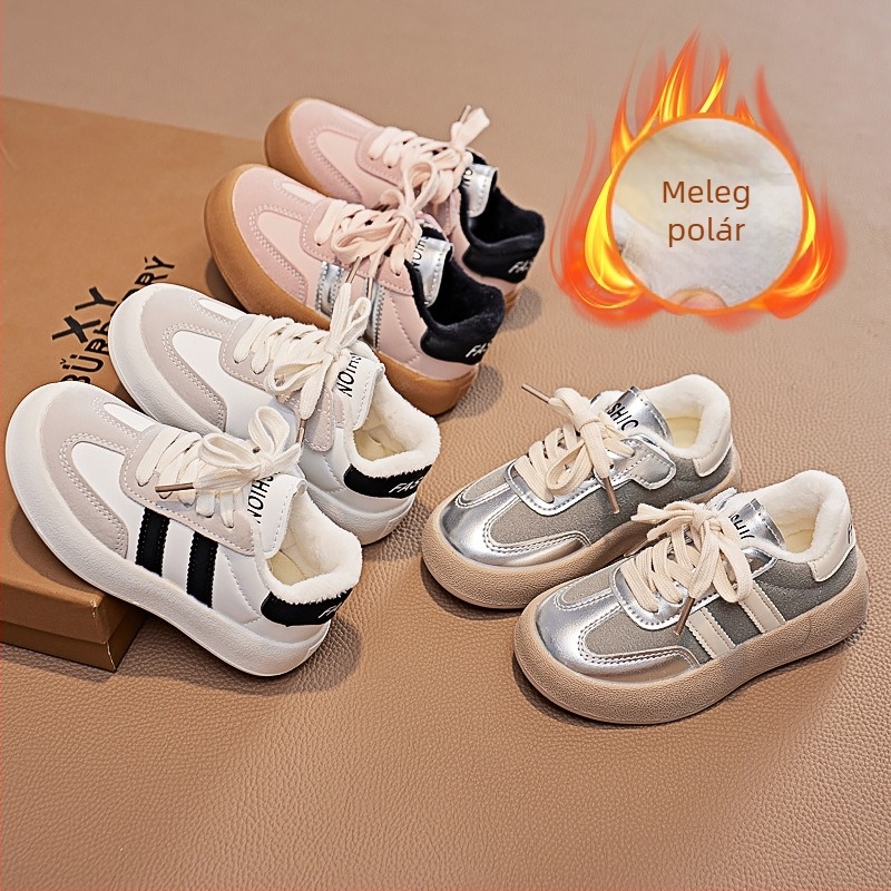 Gyerekeknek szóló fehér sportcipők meleg béléssel, puha talppal, Velcro-zárás, tavasz–őszre