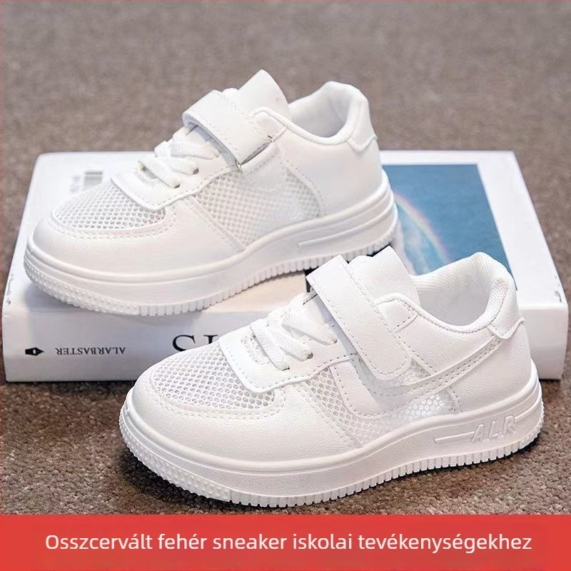 Gyerekeknek fehér sportcipő Velcro zárással, PU felsőrész, PU talpbetét, műanyag talp, alacsony boka magasság