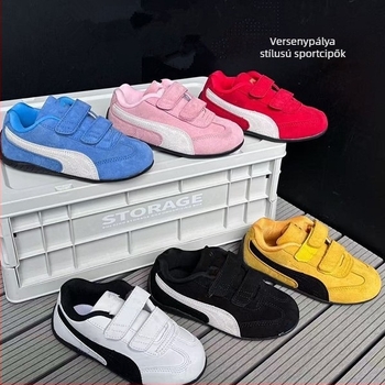 Gyerekeknek készült futócipő Velcro-zárással, mikroszálas bőrt imitáló felsőrész, csíkos mintázat, PE talp, unisex