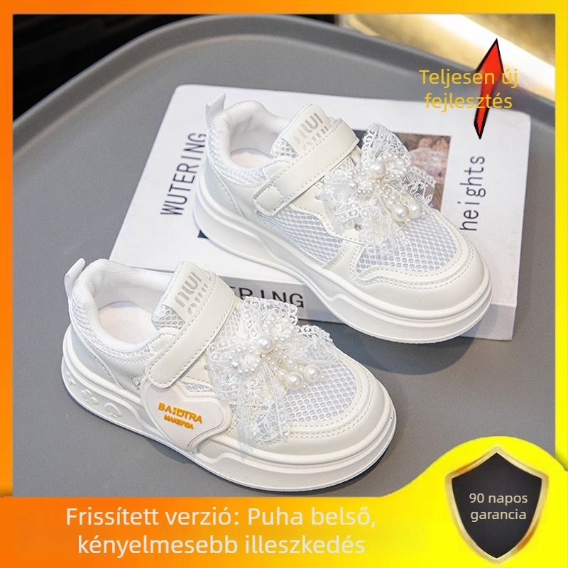 Lányoknak szóló fehér hálós sneaker Velcro-zárással, lélegző nyári gyerekcipő