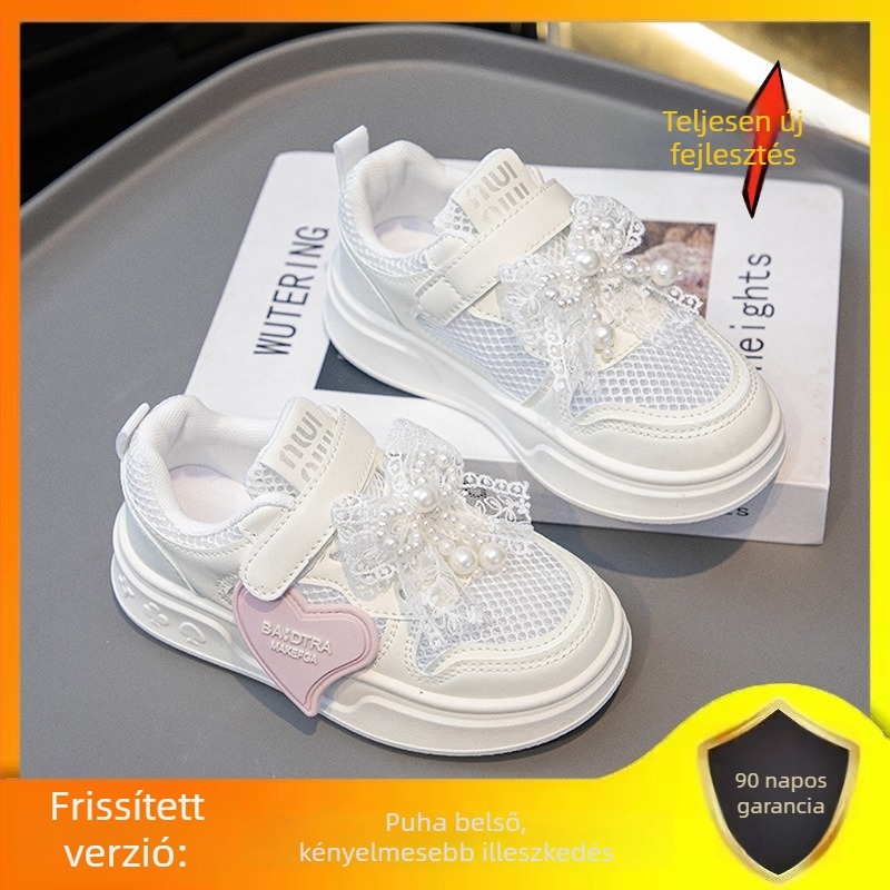 Lányoknak szóló fehér hálós sneaker Velcro-zárással, lélegző nyári gyerekcipő