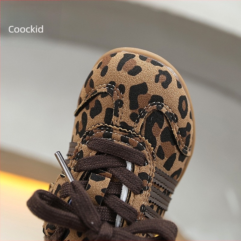 Gyerek téli sportcipő fleece béléssel, leopard minta, PU felső, gumi talp, Velcro-zárás