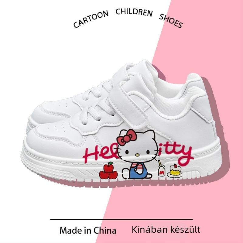 Hello Kitty közös tervezésű gyermekcipők, fehér alacsony szárú tornacipő lányoknak, Velcro-zárással, rajzfilmszerű minta