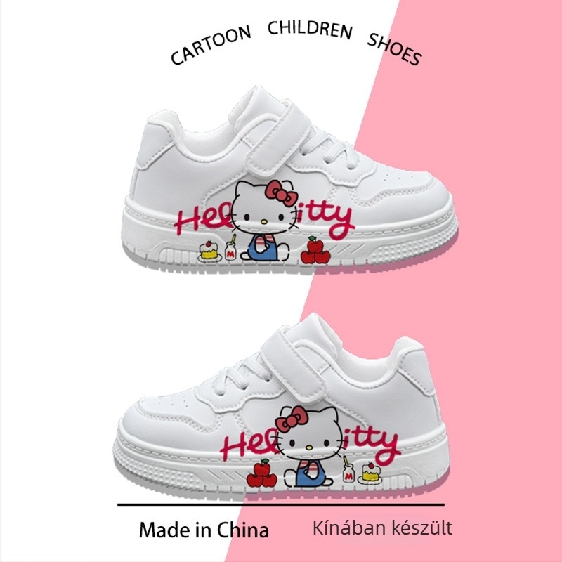 Hello Kitty közös tervezésű gyermekcipők, fehér alacsony szárú tornacipő lányoknak, Velcro-zárással, rajzfilmszerű minta