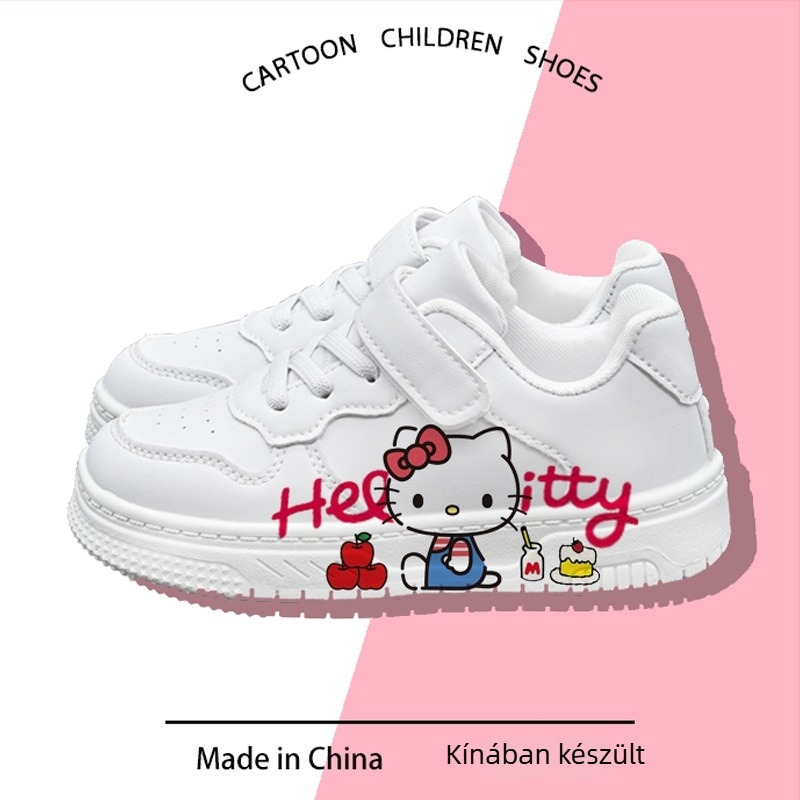 Hello Kitty közös tervezésű gyermekcipők, fehér alacsony szárú tornacipő lányoknak, Velcro-zárással, rajzfilmszerű minta