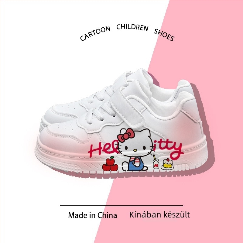 Hello Kitty közös tervezésű gyermekcipők, fehér alacsony szárú tornacipő lányoknak, Velcro-zárással, rajzfilmszerű minta