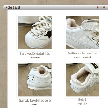 Gyerekeknek készült vastag talpú sportcipő csillagos Velcro pántokkal, rögzített cipőfűzővel, felhajtható nyelv, fleece-bélelt belső, csúszásmentes talp