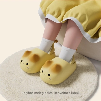 Gyerekeknek plüss papucs 3D macskás dizájnnal, sarokvédős téli csúszásmentes papucs