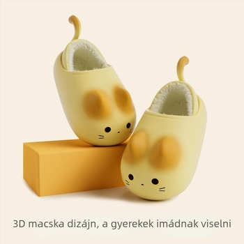 Gyerekeknek plüss papucs 3D macskás dizájnnal, sarokvédős téli csúszásmentes papucs
