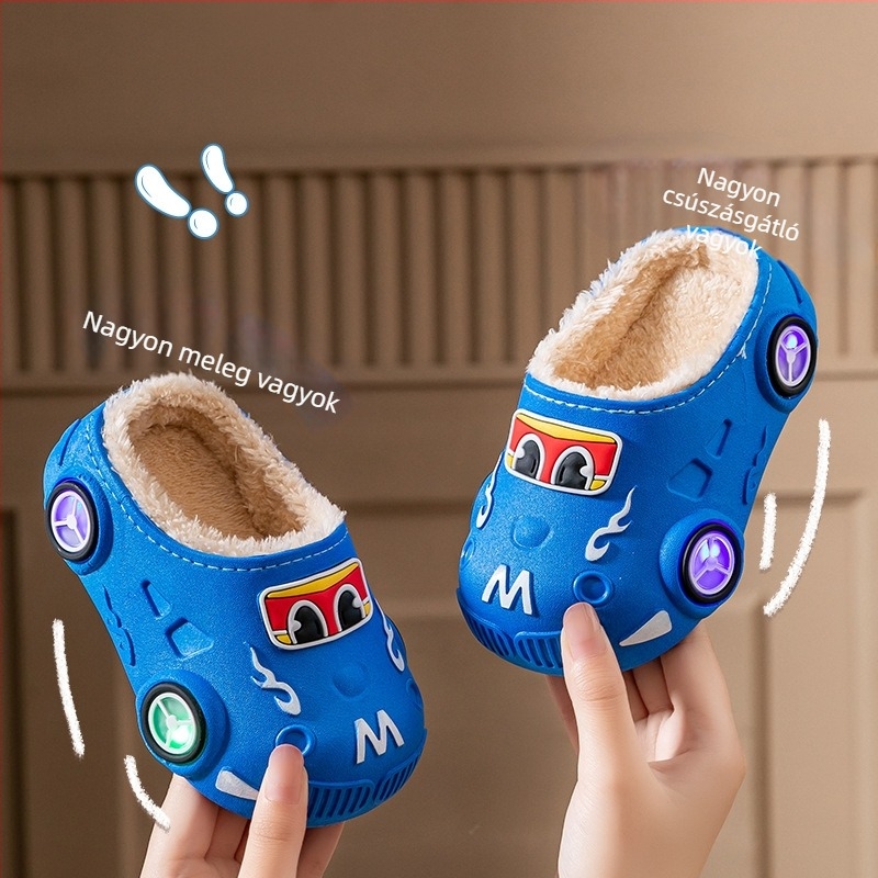 Világító gyerek pamut papucsok, csúszásmentes puha talppal, meleg fleece bélés, belső és külső használatra, őszi-téli mintával, rajzfilm motívummal