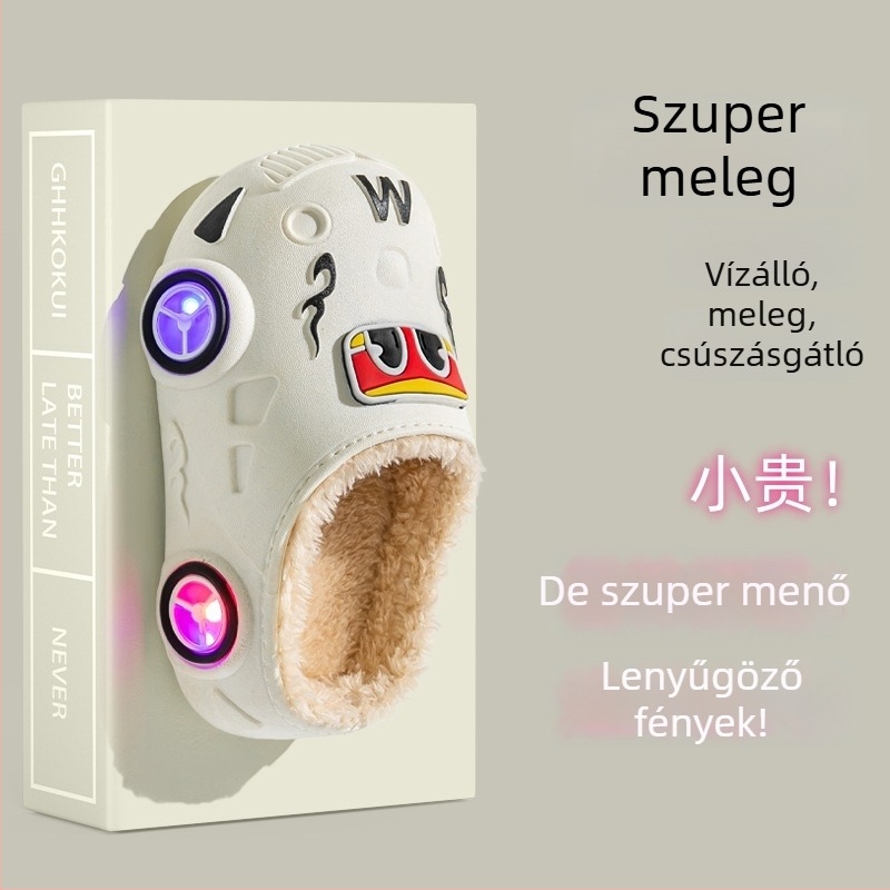 Világító gyerek pamut papucsok, csúszásmentes puha talppal, meleg fleece bélés, belső és külső használatra, őszi-téli mintával, rajzfilm motívummal