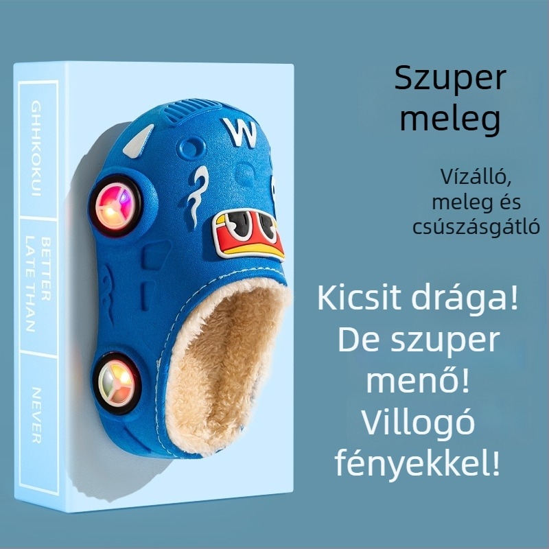 Világító gyerek pamut papucsok, csúszásmentes puha talppal, meleg fleece bélés, belső és külső használatra, őszi-téli mintával, rajzfilm motívummal