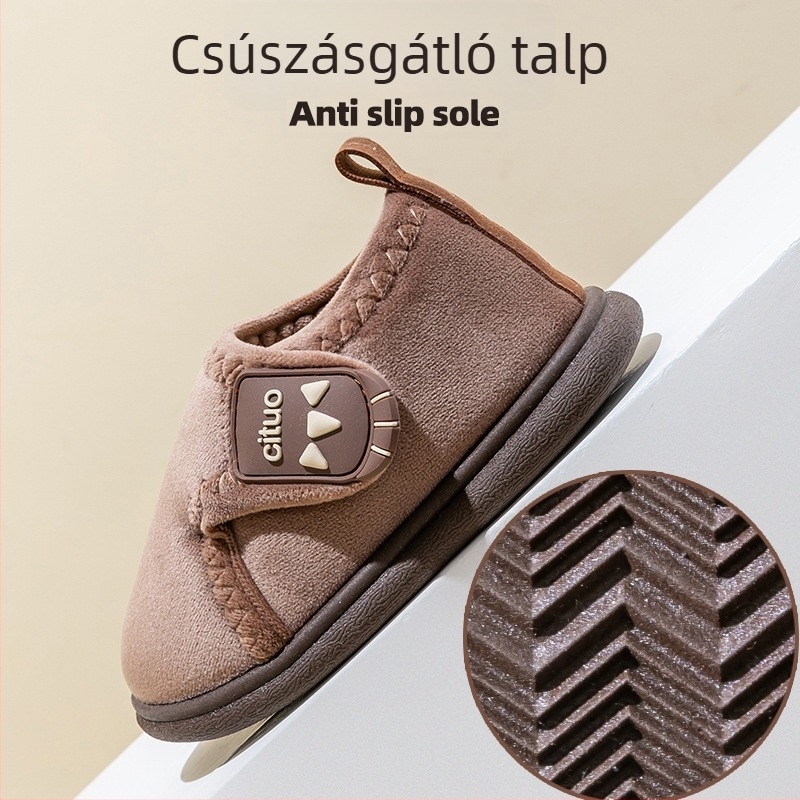 Téli gyerek pamut papucsok, uniszex, meleg, csúszásmentes talpú, fleece béléses, Velcro-zárás, zárt hátsó rész, gyerekeknek