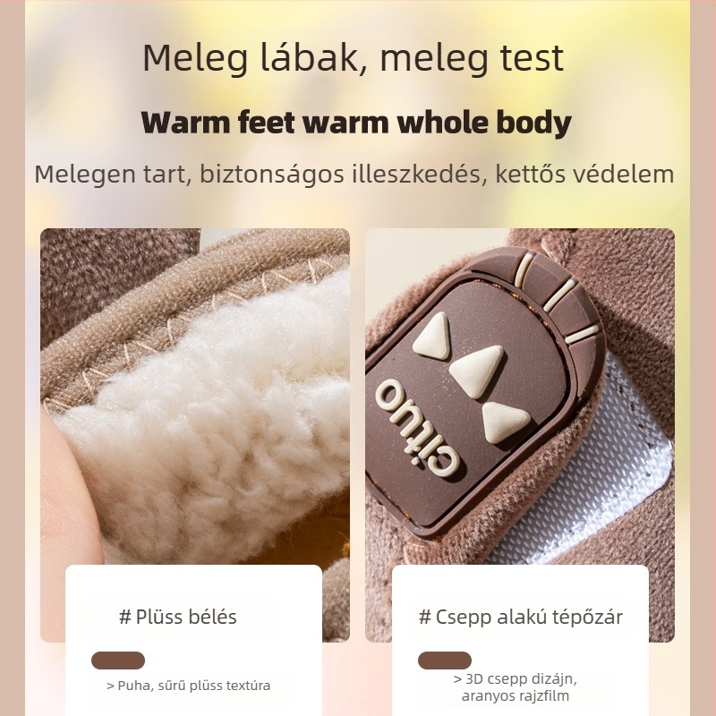 Téli gyerek pamut papucsok, uniszex, meleg, csúszásmentes talpú, fleece béléses, Velcro-zárás, zárt hátsó rész, gyerekeknek