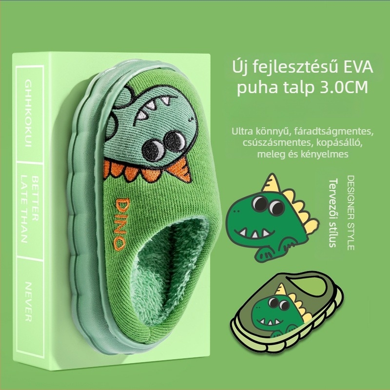 Gyerekek pamut beltéri papucs csúszásmentes EVA talppal, dinó mintás, beltéri használatra, embossolt felület, Nine Four Deer