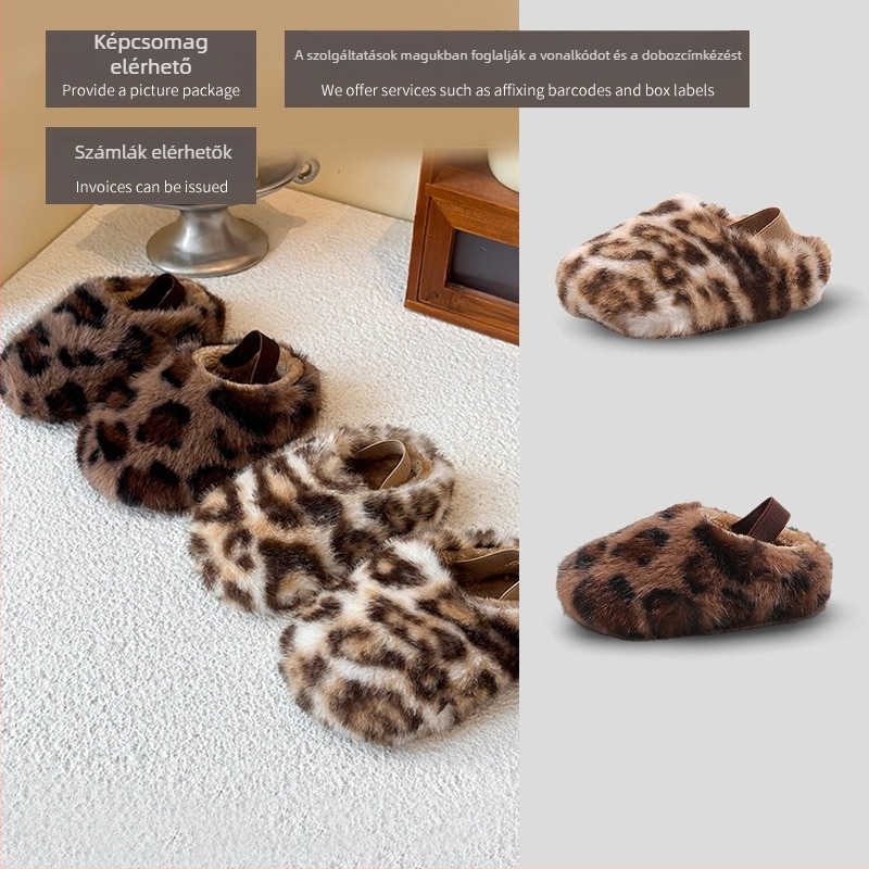 Gyerekeknek való plüss pamut papucs leopard mintával, slip-on, meleg bélés, TPR talp