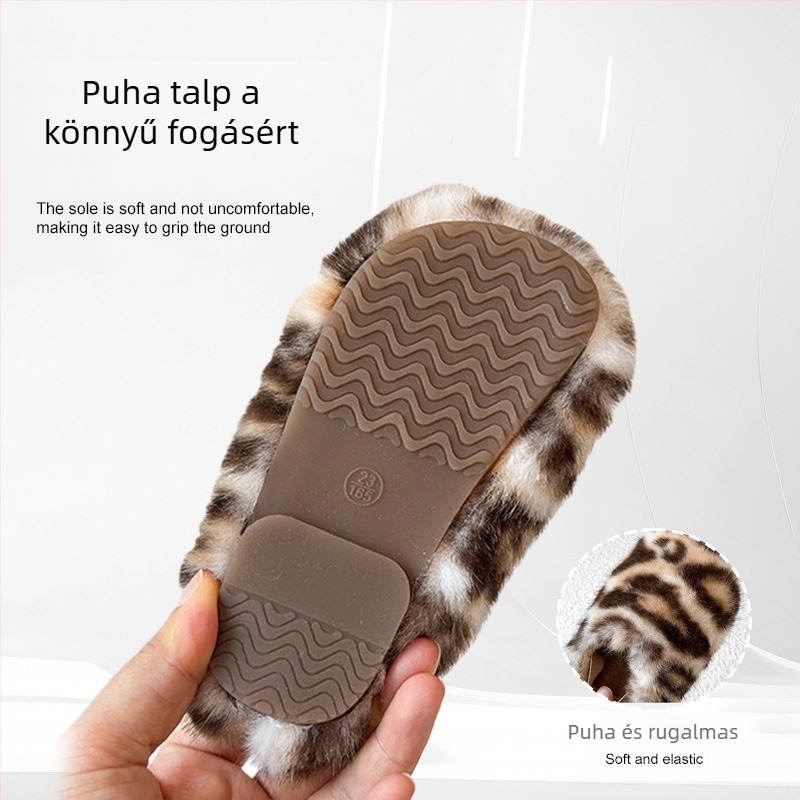 Gyerekeknek való plüss pamut papucs leopard mintával, slip-on, meleg bélés, TPR talp