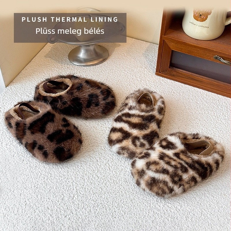 Gyerekeknek való plüss pamut papucs leopard mintával, slip-on, meleg bélés, TPR talp