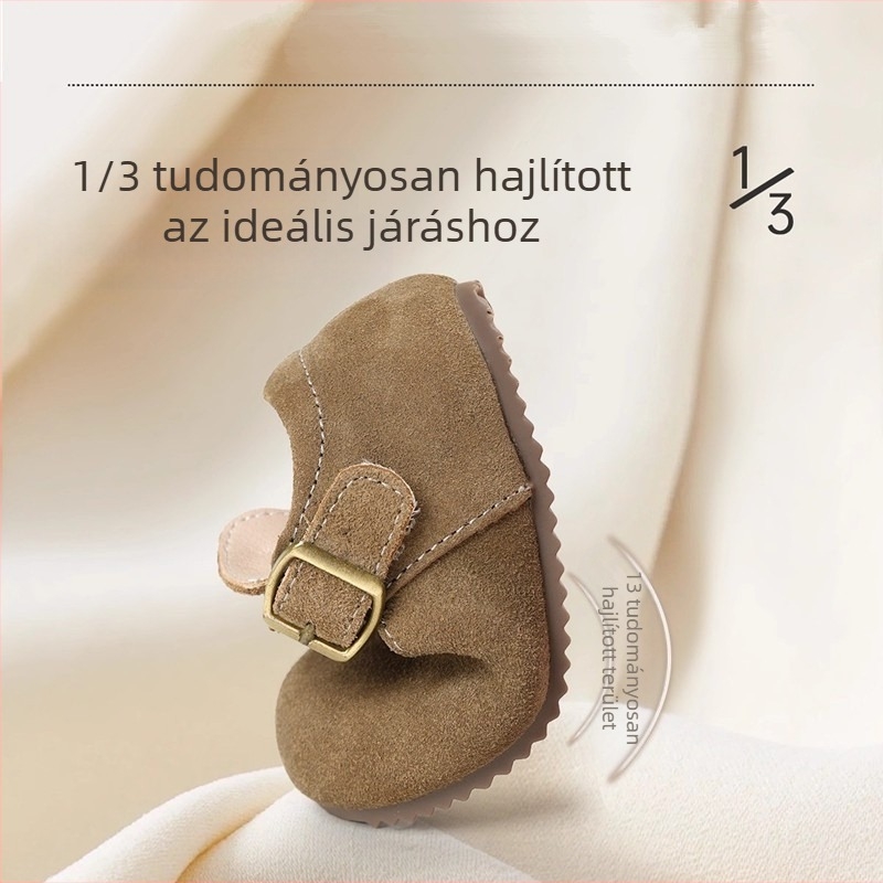Gyerekeknek szóló Birkenstock-stílusú puha talpú bőrcipő Velcro-zár, nubuk felsőrész, belső bélés természetes bőr, talp marhaín