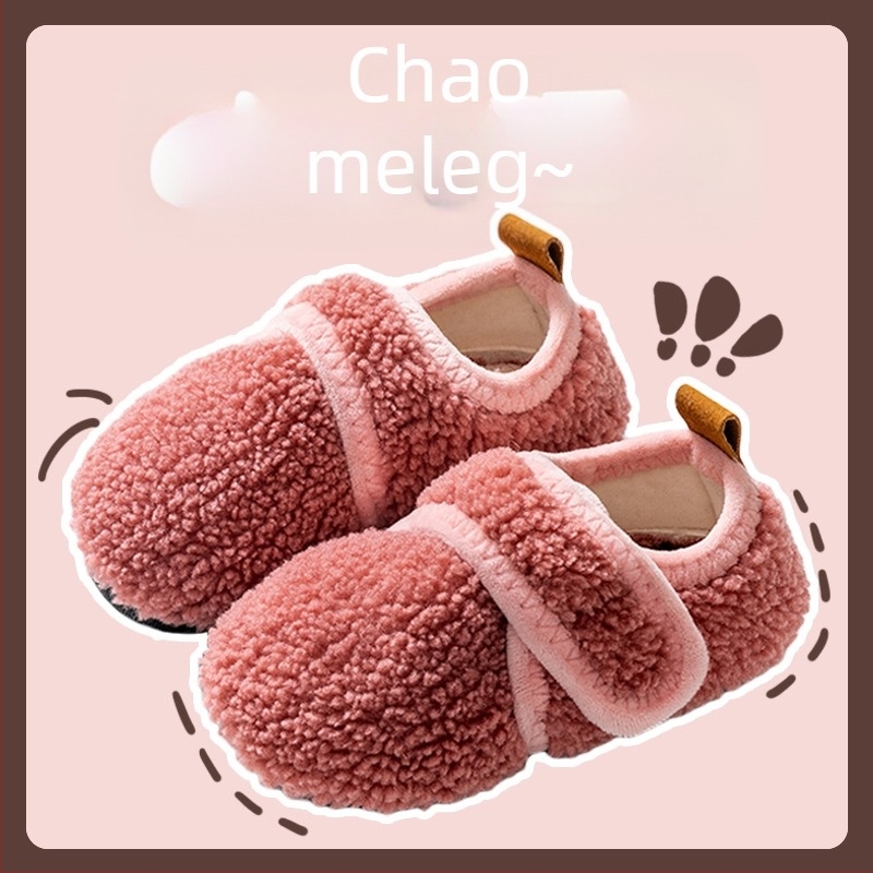 Gyerekek belső használatra készült puha pamut papucs, vastag csúszásmentes gumitalppal és Velcro-zárással