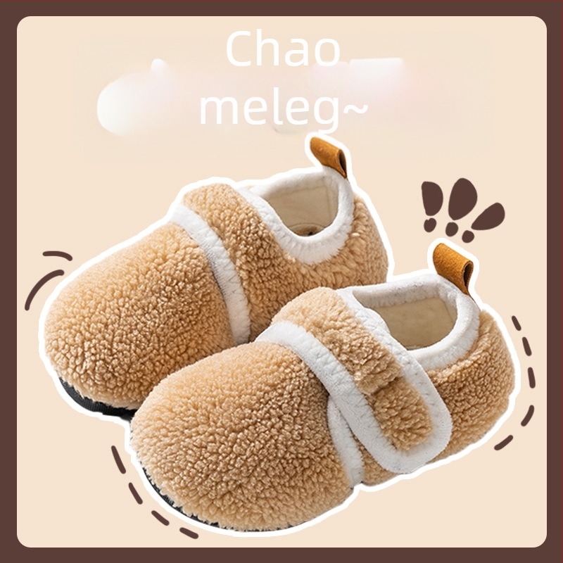 Gyerekek belső használatra készült puha pamut papucs, vastag csúszásmentes gumitalppal és Velcro-zárással