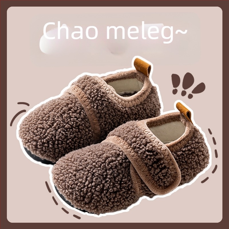 Gyerekek belső használatra készült puha pamut papucs, vastag csúszásmentes gumitalppal és Velcro-zárással