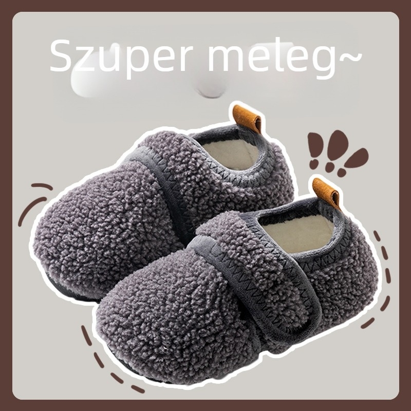Gyerekek belső használatra készült puha pamut papucs, vastag csúszásmentes gumitalppal és Velcro-zárással