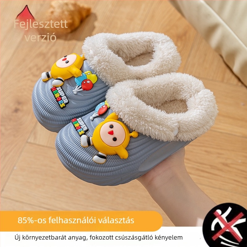 Gyerek pamut papucs levehető mosható béléssel, vízálló és csúszásmentes, EVA talppal, Cartoon motívummal, 1–3 éveseknek, 2024 tél
