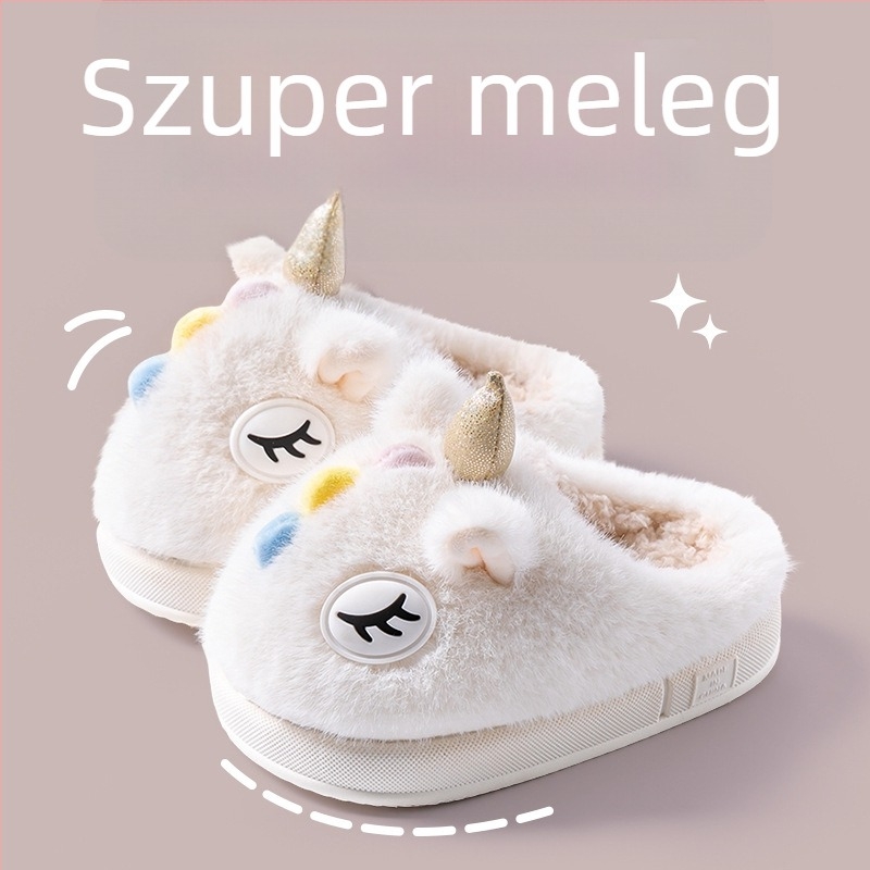 Gyerekeknek szóló plüss pamut papucs télre, melegek, csúszásmentes talppal, unikornis mintával