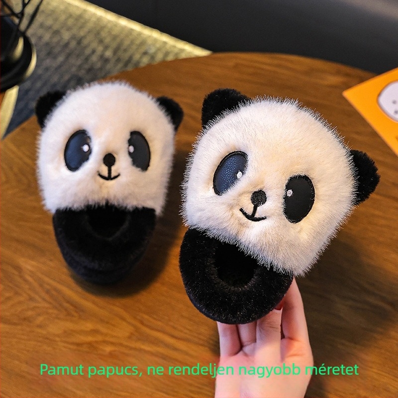 Gyerekeknek való pamut papucs fleece-béléssel, vastag talppal, Cartoon vörös panda mintával, beltéri használatra