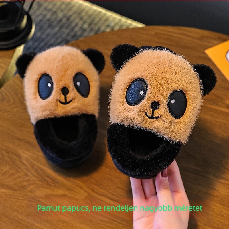 Gyerekeknek való pamut papucs fleece-béléssel, vastag talppal, Cartoon vörös panda mintával, beltéri használatra