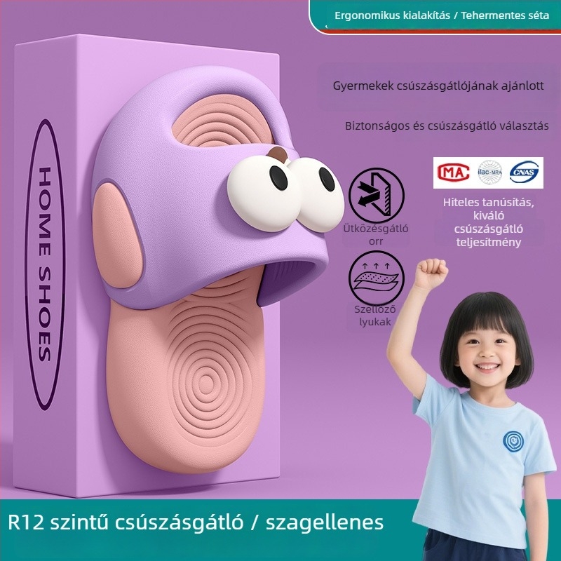 Alysse gyerekeknek EVA habból készült papucs, vastag talppal, csúszásmentes, szagtalanító hatású, rajzfilmszerű mintával, 1–3 évesek, nyár 2025