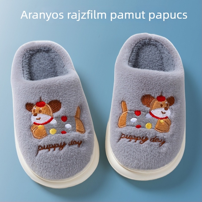 Gyerekeknek szóló pamut papucs téli időszakra – Rajzfilm kutya mintával, beltéri csúszásmentes, puha talp, meleg