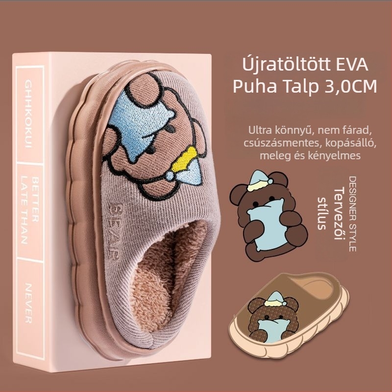 Gyerekek plüss pamut papucs, EVA talppal, állatos mesés mintával, csúszásmentes, 4–16 éveseknek