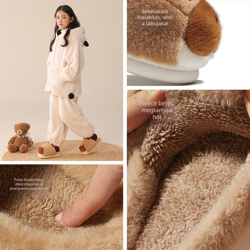 Gyerekeknek készített plüss papucs állatos karikatúra mintával, EVA talppal, csúszásmentes, meleg, uniszex, 7–16 éveseknek