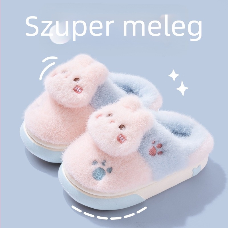 Gyerekeknek pamut papucs plüss felsőrésszel, EVA csúszásmentes talppal, állat mintázat, meleg, relif felület