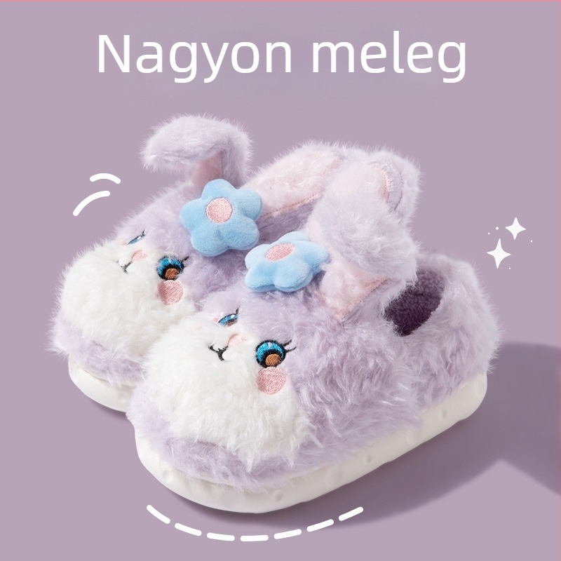 Gyerekeknek szóló plüss beltéri papucs — rajzfilmszerű nyuszi hercegnő minta, meleg, vastag plüss felső, EVA talp, 4–16 éveseknek