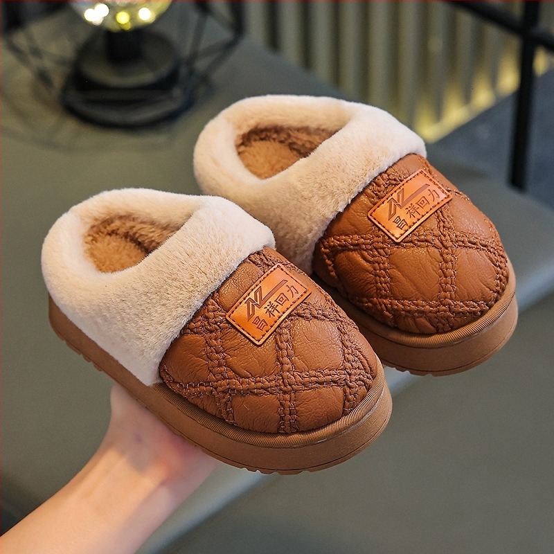 Uniszex gyerek pamut papucs, fleece béléssel, csúszásmentes PVC talppal, beltéri használatra télen