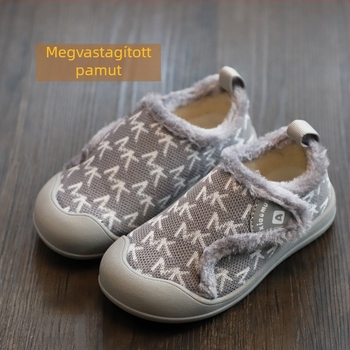 Uniszex gyerek beltéri papucs — Velcro zárás, háló felsőrész, gumi talp, vastag dizájn, betűs minta