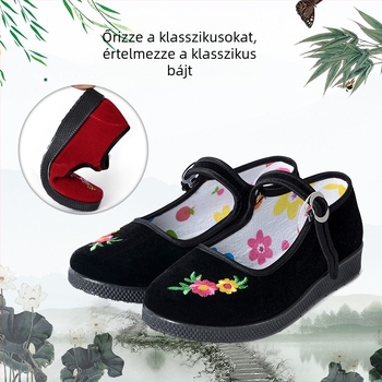 Gyerekeknek készült hagyományos vászon tánccipő velúr hímzéssel, gumírozott talp, csattos záródás