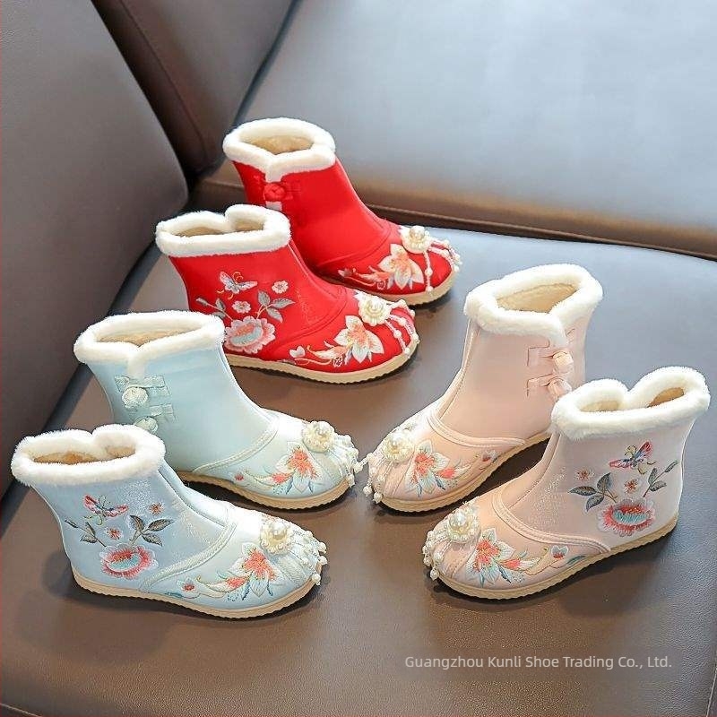Téli gyerekcipő lányoknak, hímzett kínai stílusú, fleece bélés