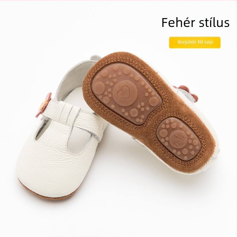 Marhabőr gyerekcipő babáknak és kisgyermekeknek, T-szalaggal és Velcro-zárással, piros virág mintával