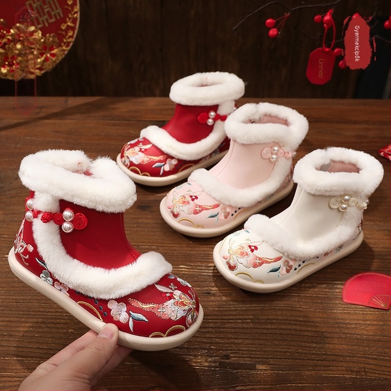 Hanfu pamutcipők lányoknak, téli, hímzett virágos mintával, etnikai stílusú gyerekcipő