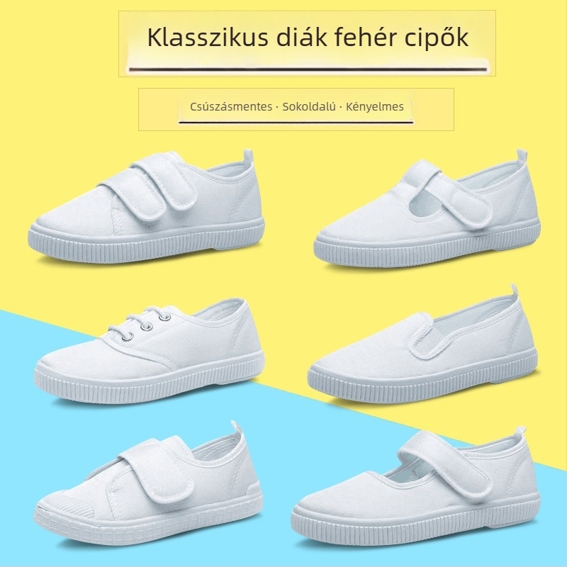 Fehér gyerek vászoncipő Velcro-zárással – uniszex belső használatra, légáteresztő, csúszásmentes talppal