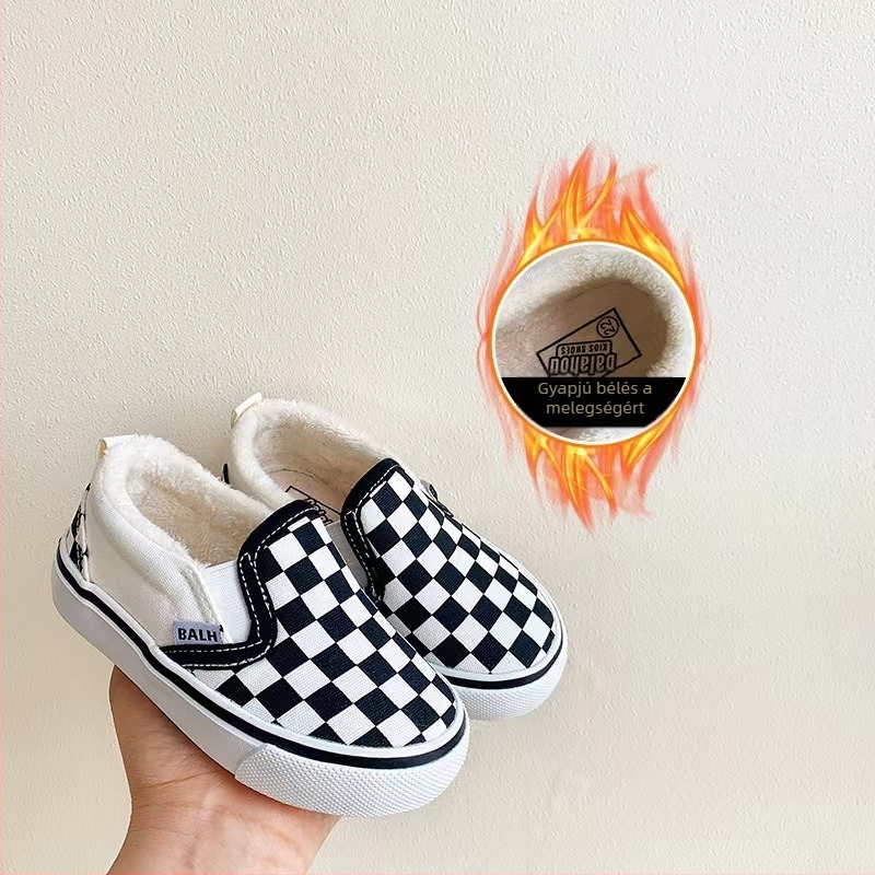 Balala Monkey K-stílusú fekete-fehér kockás vászon gyerekcipő, slip-on, tavasz-ősz, uniszex